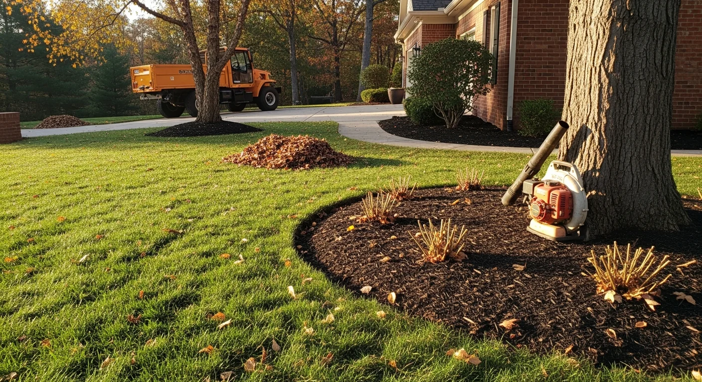 A Seneca, South Carolina residential lawn after a professional fall cleanup, showing cleared turf, clean bed edges, and leaf-free walkways with autumn trees visible in the background.