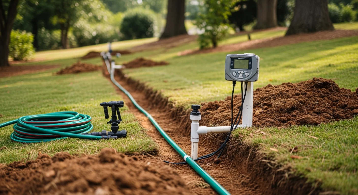 A freshly installed in-ground irrigation system with pop-up sprinkler heads watering a green residential lawn in Seneca, SC. Spray heads cover an even arc across a well-maintained turf area bordered by mulched planting beds.