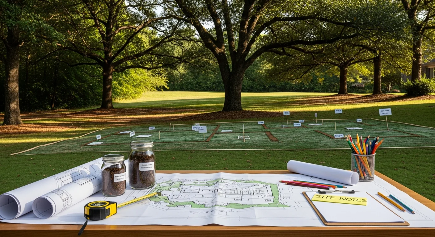 A Seneca, SC residential backyard showing a freshly planned landscape layout with defined planting beds, graded lawn areas, and native shrubs placed along a property border. A Calhoun Landscaping team member reviews a site plan on a clipboard during an on-property design consultation.