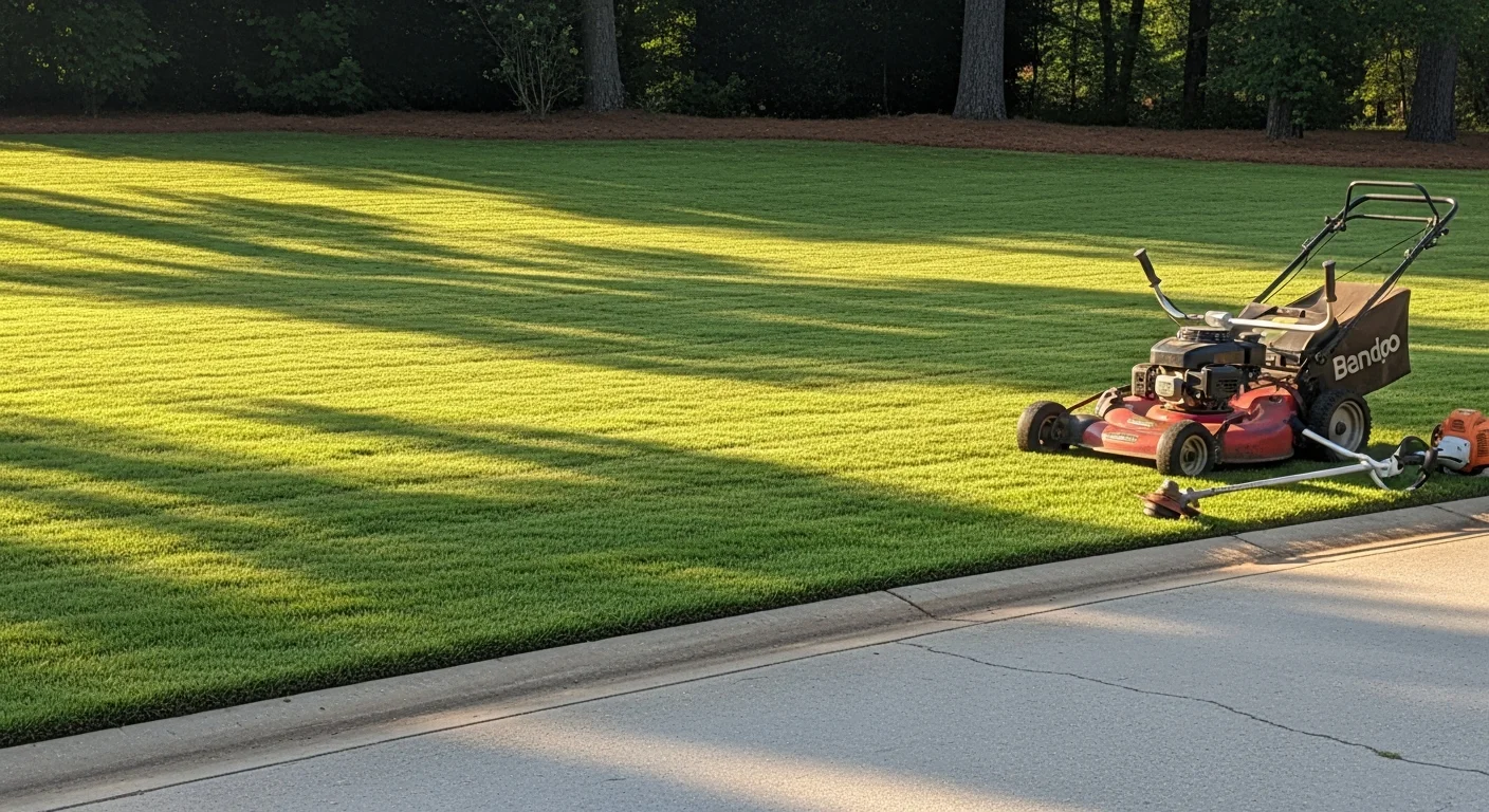 A neatly mowed residential lawn in Seneca, South Carolina with clean edges along a concrete driveway and healthy warm-season turf in full summer growth. Calhoun Landscaping crew equipment is visible in the background near an Oconee County home.