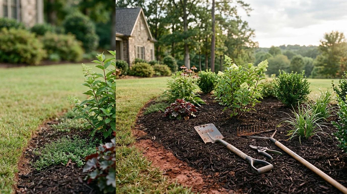 Freshly mulched planting beds with newly installed shrubs and perennials in front of a residential home in Seneca, South Carolina. Dark mulch covers the beds evenly with plants spaced and positioned around the foundation.