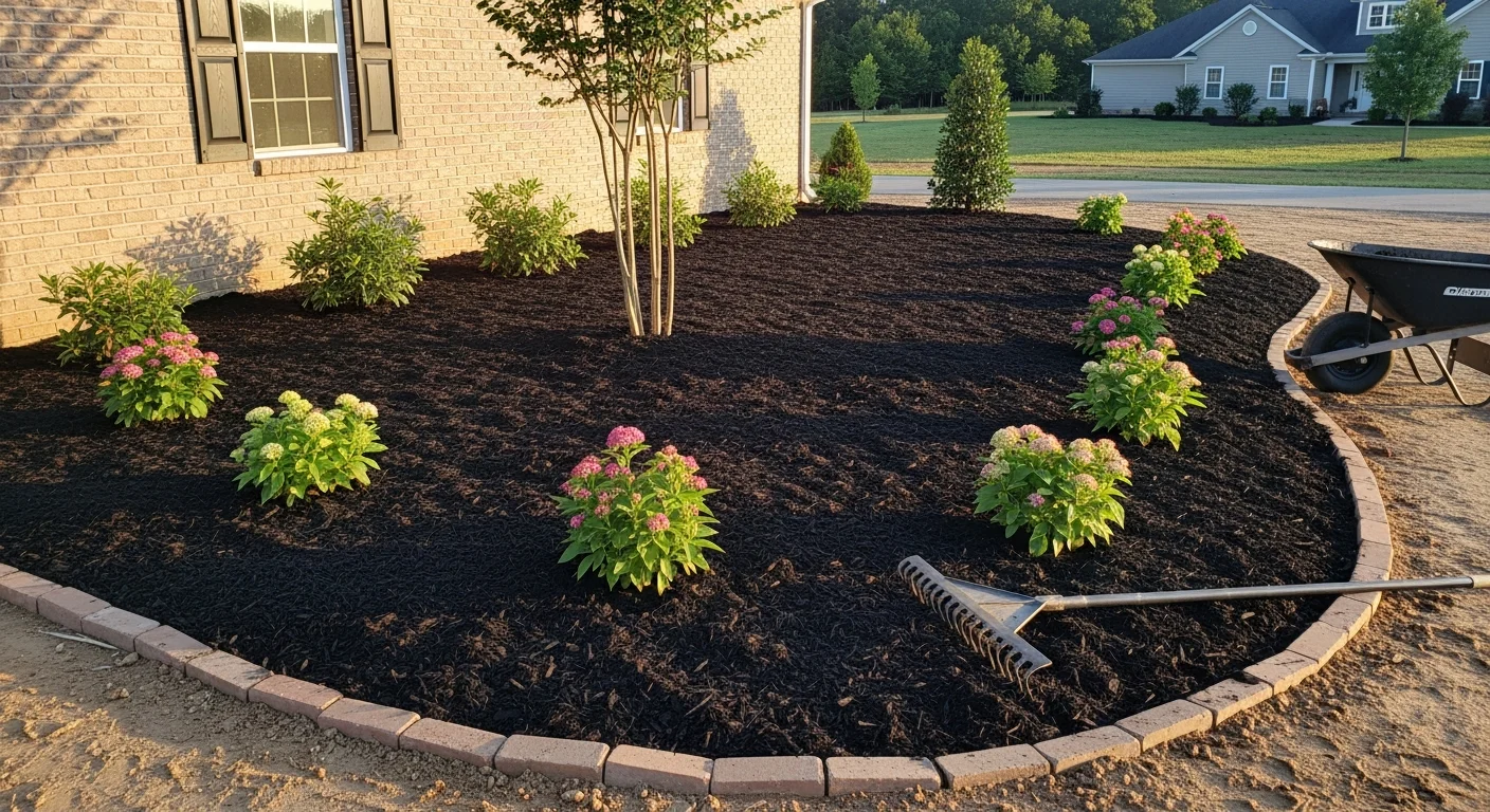 Freshly installed dark mulch covering a landscaped garden bed around shrubs and plants at a residential property in Seneca, South Carolina. Clean mulch edges define the bed border against a green lawn.