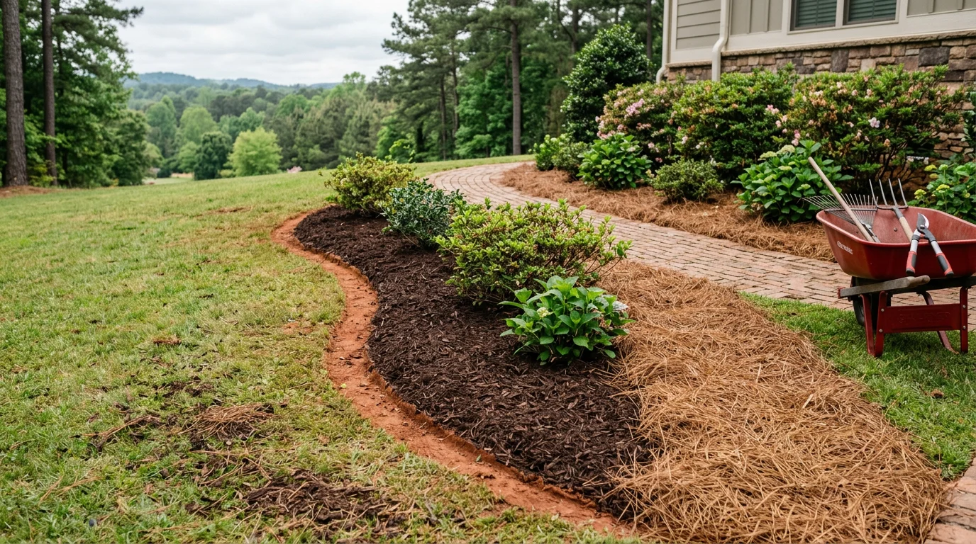 Freshly installed dark mulch covering a curved landscape bed around ornamental shrubs at a residential property in Seneca, South Carolina. Pine needles are laid in an adjacent bed along the front of the home, giving the yard a clean, defined appearance.