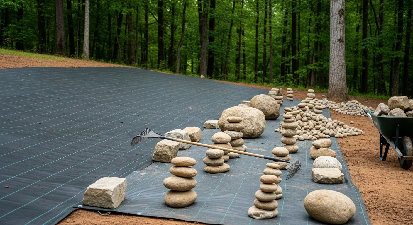 A freshly completed rock installation in a Seneca, SC residential landscape bed, showing smooth stones laid over landscape fabric along a sloped yard border. A clean edge separates the rock bed from the surrounding lawn near the home's foundation.