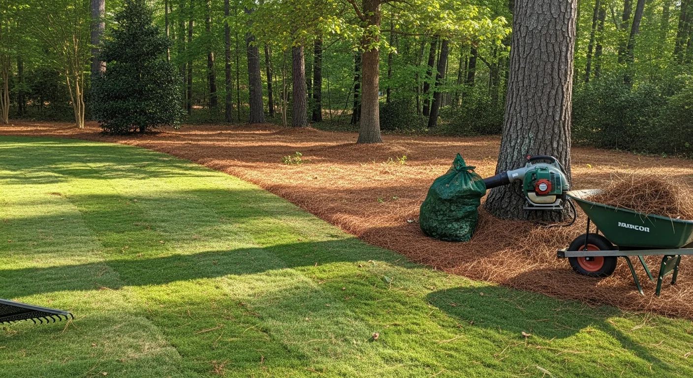 A cleared residential lawn in Seneca, South Carolina with pine needles, fallen leaves, and small branches fully removed from turf and planting beds. The yard surface is clean and open with no debris piles remaining.