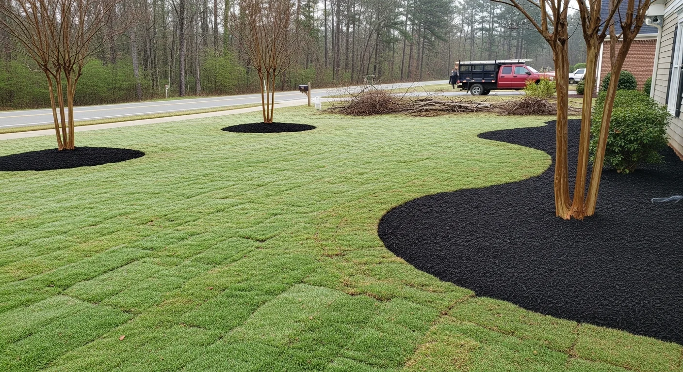 A Seneca, SC residential lawn after a professional spring cleanup, showing cleared landscape beds with fresh mulch, trimmed shrubs, and clean turf free of winter debris. Bed edges are sharply defined with no visible leaf buildup or overgrowth.