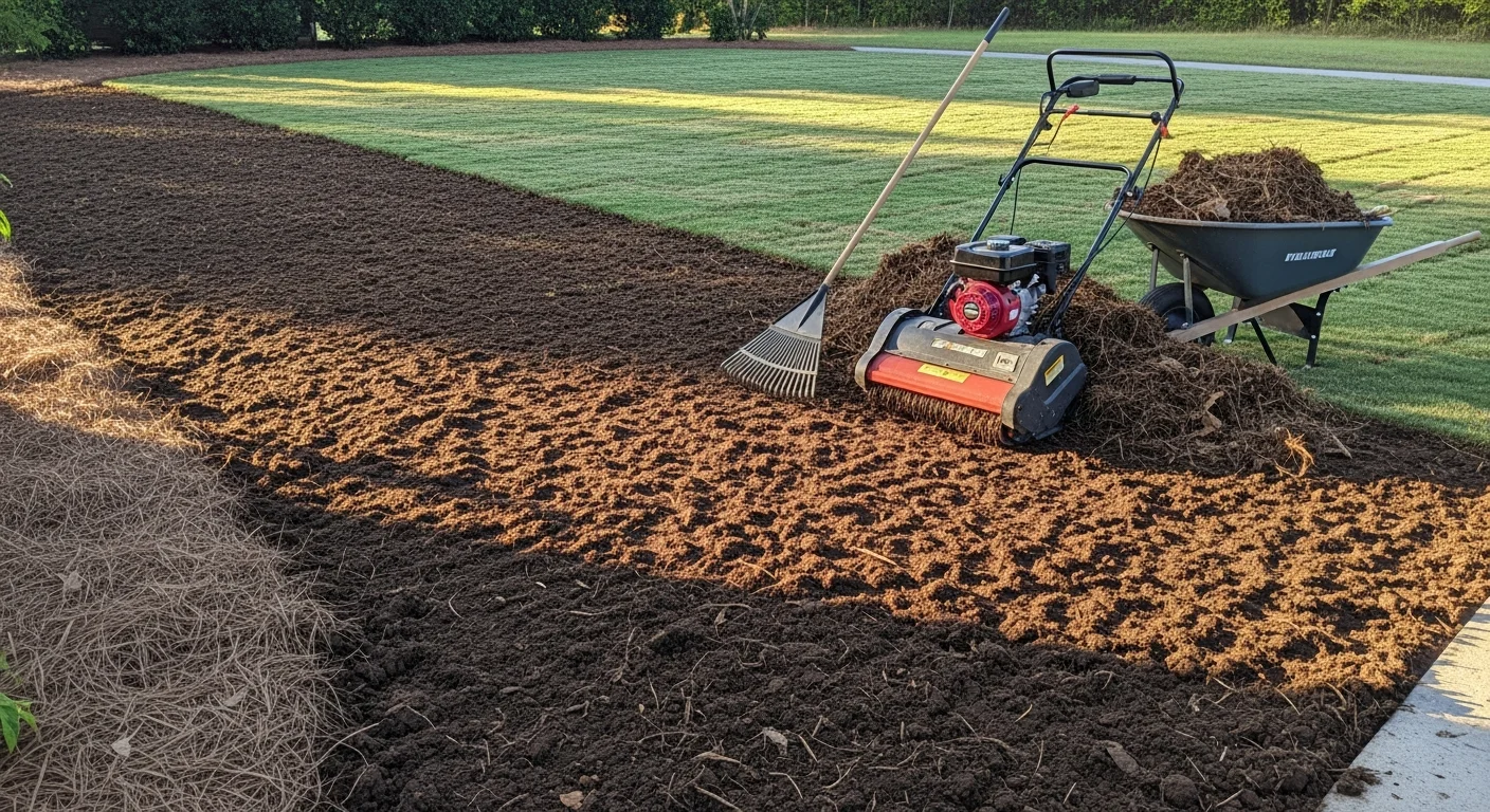 A Seneca residential lawn after professional yard preparation, showing cleared turf, clean-edged landscape beds, and freshly worked soil ready for the growing season. Clay soil has been loosened and debris removed from the full yard area.